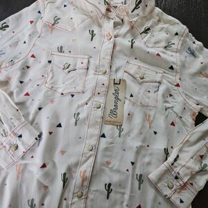 Wrangler Shirt Girls L Ivory Pearl Snap Rodeo Print Western Cowgirl Cactus NEW